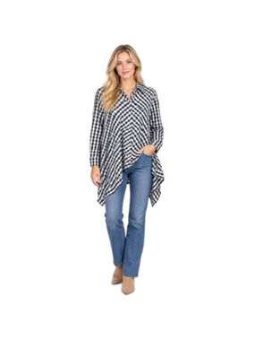 COMFY USA Black White Gingham Check Asymmetric Handkerchief Hem Top Shirt Size M